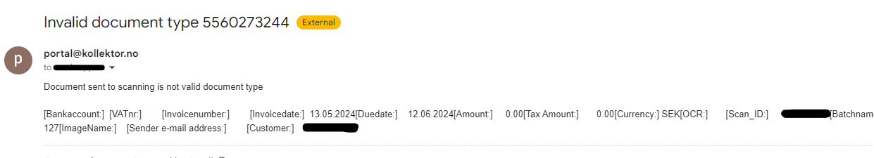 Eksempel på epost om avvist PDF pga. dokumenttype